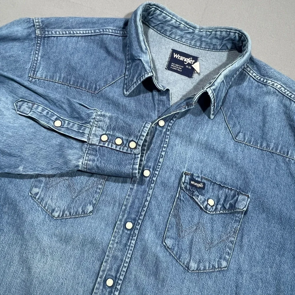 Wrangler Denim Western Shirt X-Long Tails Pearl Snap Big Man Fit Blue Mens 19-35